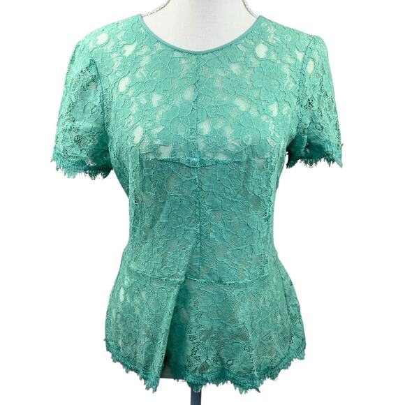 BCBG Maxazria Evia Mint Green Lace Peplum Hem Top Blouse Size M Short Sleeve - Picture 1 of 9